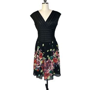 Adrianna Papell Black Silk Ribbon Floral Fit and Flare Cocktail Midi Dress | 6